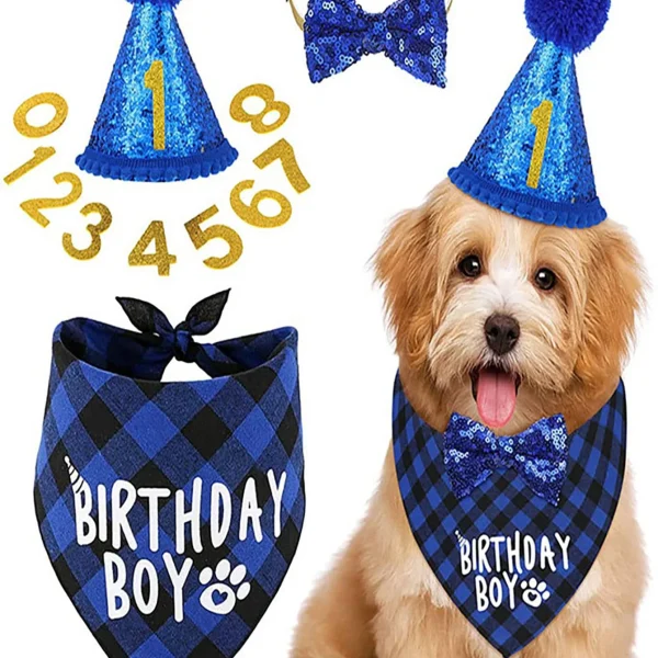 Cute 4-Piece Pet Birthday Party Bandana & Hat Set